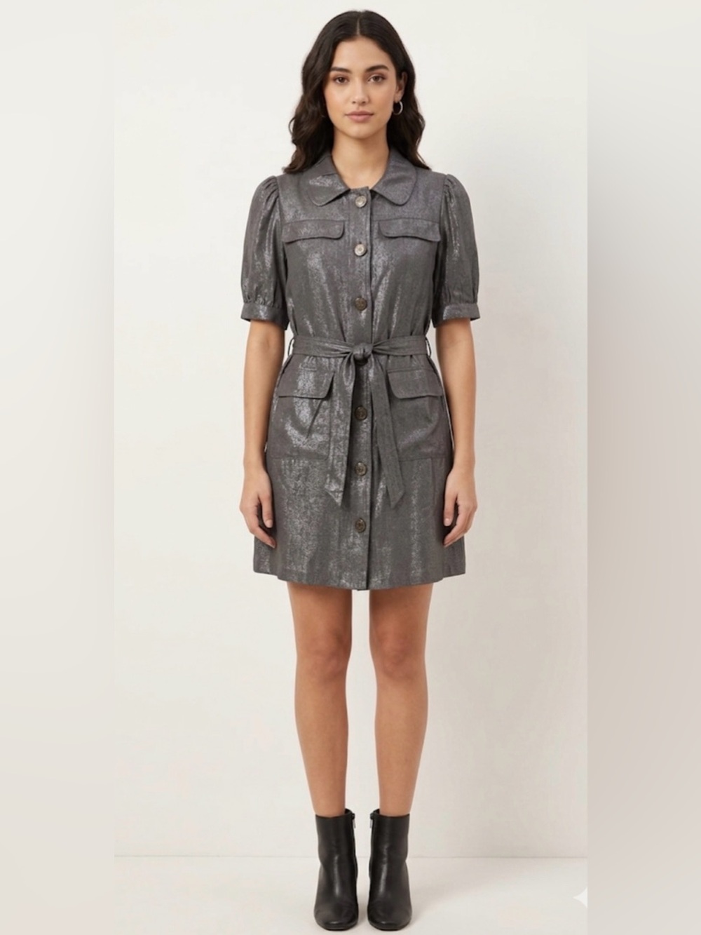 Vértigo Metallic Gray Button-Front Utility Dress with Belt size M
